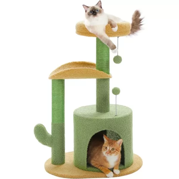 PAWZ Road Cactus Cat Tree 32 Inches Small Cat Tower with Sisal Covered Scratching Post Cozy Condo Plush Perches and Fluffy Balls for Indoor CatsCactus Green