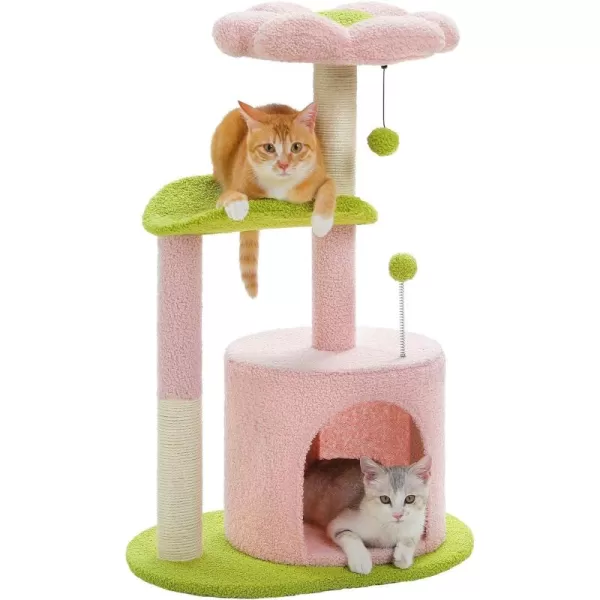 PAWZ Road Cactus Cat Tree 32 Inches Small Cat Tower with Sisal Covered Scratching Post Cozy Condo Plush Perches and Fluffy Balls for Indoor CatsPink