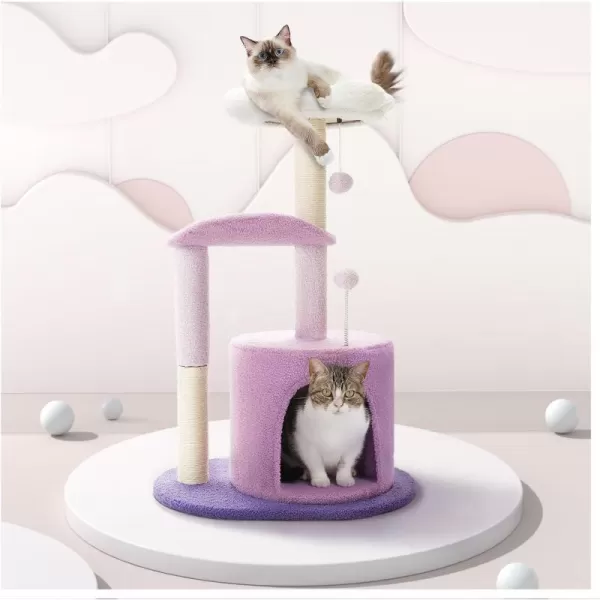 PAWZ Road Cactus Cat Tree 32 Inches Small Cat Tower with Sisal Covered Scratching Post Cozy Condo Plush Perches and Fluffy Balls for Indoor CatsPurple