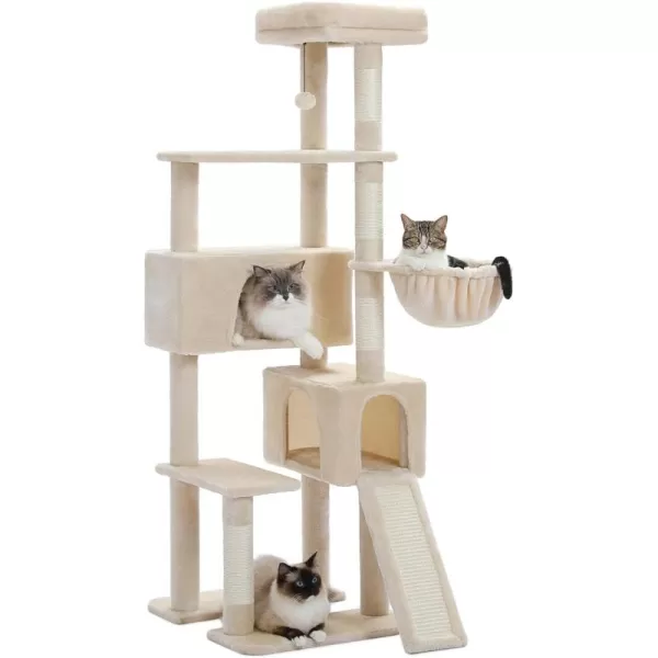 PAWZ Road Cat Tree 60 Inches Cat Tower with Dual Condos Spacious Perch Cozy Basket and Scratching Posts for Indoor CatsBeige