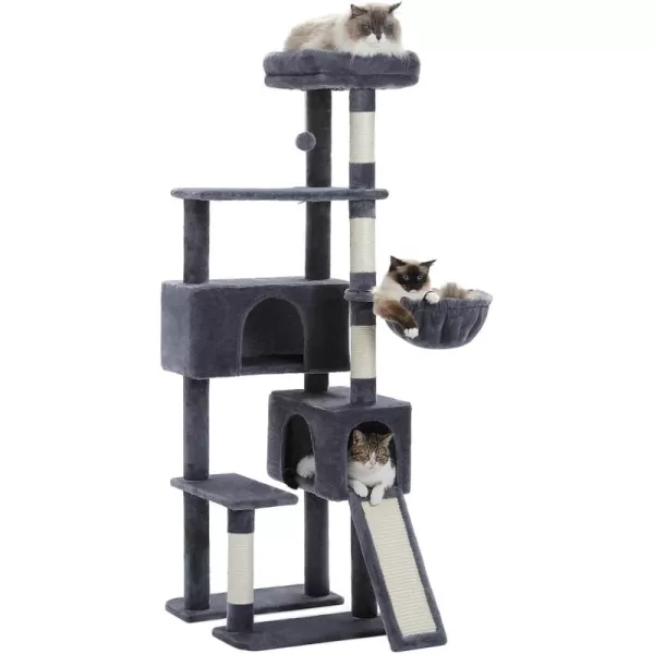 PAWZ Road Cat Tree 60 Inches Cat Tower with Dual Condos Spacious Perch Cozy Basket and Scratching Posts for Indoor CatsDark Gray