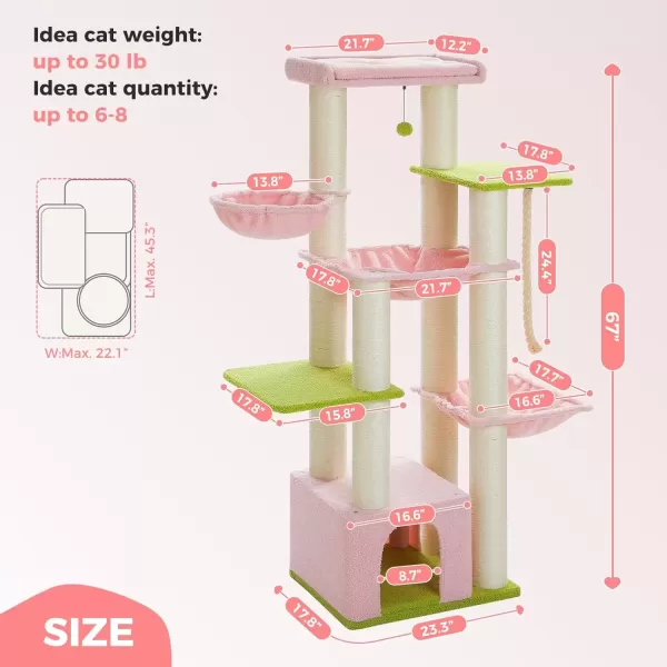 imagePAWZ Road Large Cat Tree 67 Inches Cat Tower for Indoor Cats with 13 Thick FullyWrapped Scratching Posts MultiLevel Cat Condo Super Large Perch ampamp Hammocks for Adult Cats 20 lbsPinkPink