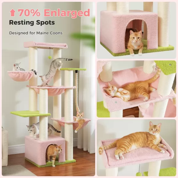 imagePAWZ Road Large Cat Tree 67 Inches Cat Tower for Indoor Cats with 13 Thick FullyWrapped Scratching Posts MultiLevel Cat Condo Super Large Perch ampamp Hammocks for Adult Cats 20 lbsPinkPink