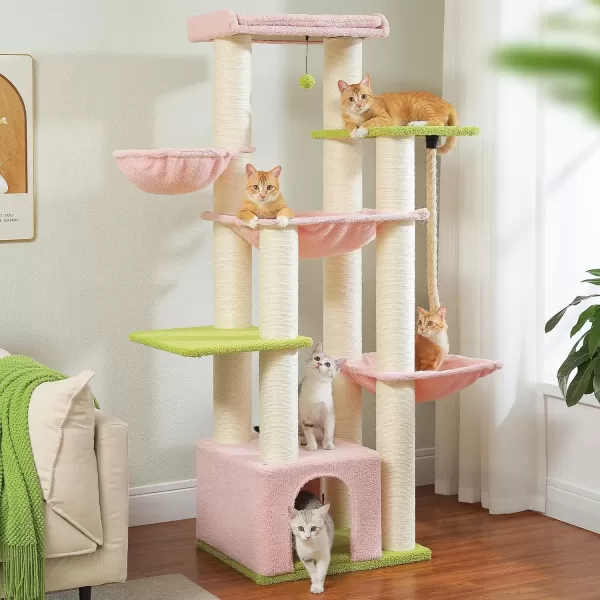 imagePAWZ Road Large Cat Tree 67 Inches Cat Tower for Indoor Cats with 13 Thick FullyWrapped Scratching Posts MultiLevel Cat Condo Super Large Perch ampamp Hammocks for Adult Cats 20 lbsPinkPink