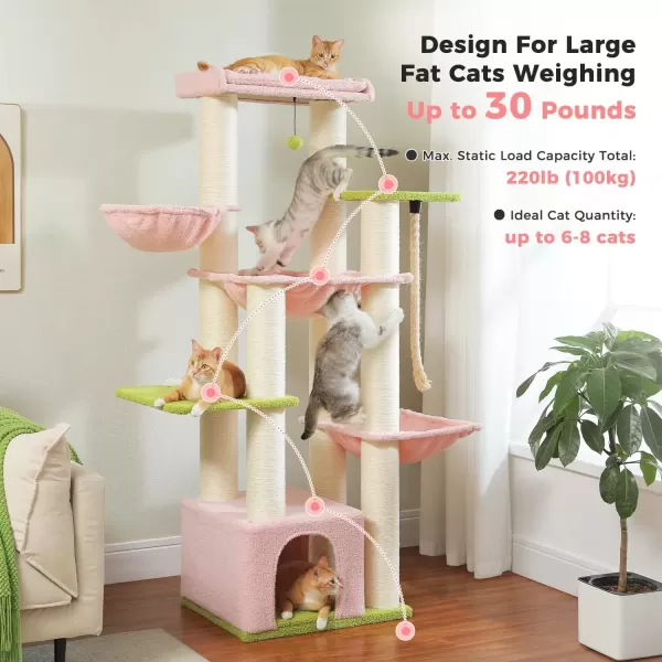 imagePAWZ Road Large Cat Tree 67 Inches Cat Tower for Indoor Cats with 13 Thick FullyWrapped Scratching Posts MultiLevel Cat Condo Super Large Perch ampamp Hammocks for Adult Cats 20 lbsPinkPink