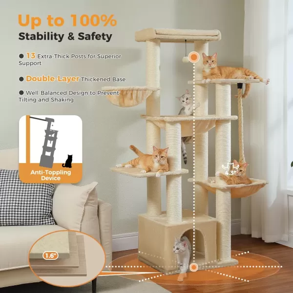 imagePAWZ Road Large Cat Tree 67 Inches Cat Tower for Indoor Cats with 13 Thick FullyWrapped Scratching Posts MultiLevel Cat Condo Super Large Perch ampamp Hammocks for Adult Cats 20 lbsPinkBeige