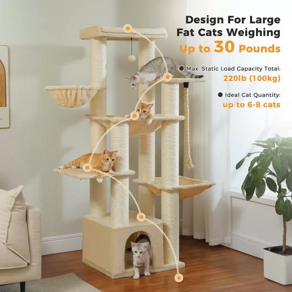 imagePAWZ Road Large Cat Tree 67 Inches Cat Tower for Indoor Cats with 13 Thick FullyWrapped Scratching Posts MultiLevel Cat Condo Super Large Perch ampamp Hammocks for Adult Cats 20 lbsPinkBeige