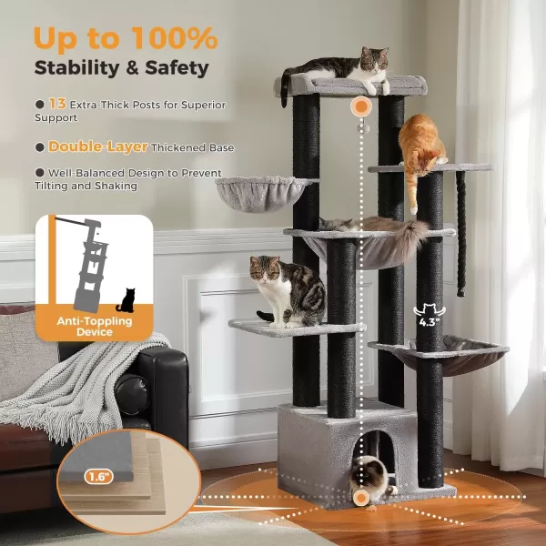 imagePAWZ Road Large Cat Tree 67 Inches Cat Tower for Indoor Cats with 13 Thick FullyWrapped Scratching Posts MultiLevel Cat Condo Super Large Perch ampamp Hammocks for Adult Cats 20 lbsPinkBlack