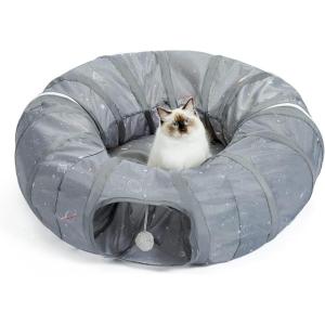 imagePAWZ Road Cat Tunnel Red Cat Donut Tunnel Collapsible Cat Tunnel Tube Dia38 inches with Soft Mat for Indoor Cats Rabbits and Puppies RedGrey