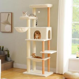 imagePAWZ Road Large Cat Tree 73 Inches Tall Cat Tower with 1 Large Padded Perch2 Spacious Hammocks8 Long Scratching Posts XL Plush Cat Condo for Indoor Adult CatsBeigeWooden Beige