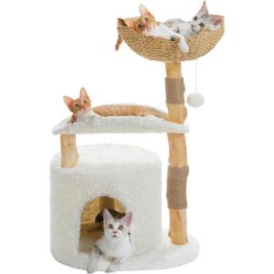 imagePAWZ Road Modern Cat Tree with Natural Solid Wood Scratching Post 40 Inches Cat Tower with Spacious Wicker BasketLarge HammockLuxury Condo for Indoor CatsCurved Perch