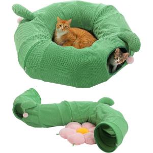 imagePAWZ Road Cat Tunnel Cactus Cat Donut Tunnel Collapsible Cat Tunnel Tube Dia38 inches with Flower Soft Mat for Indoor Cats and RabbitsGreen