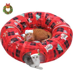 imagePAWZ Road Cat Tunnel Cactus Cat Donut Tunnel Collapsible Cat Tunnel Tube Dia38 inches with Flower Soft Mat for Indoor Cats and RabbitsRed