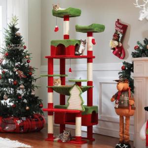 imagePAWZ Road Christmas Cat Tree 72 Inches Tall Cat Tower with 2 Perches 2 Condos and Spacious Hammock Attractive Cat House with Xmas Tree Scratcher 7 Scratching Posts for Large CatsRed Green