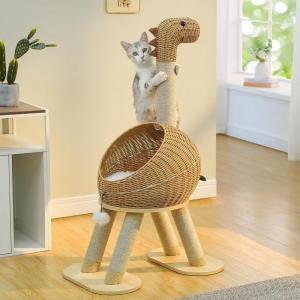 imagePAWZ Road Modern Cat Tree 46 Cat Dinosaur Tower with Scratching Post Large Rattan Cats House in 18 Diameter Wicker Cats Bed with Removable Mat