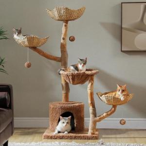 imagePAWZ Road Cat Tree for Indoor Cats Large Adults 59 Inches Modern Cat Tower with 3 Large Baskets Natural Solid Wood Luxury Condo and Hammock Modern Furniture for Big Cats BrownBrown