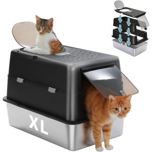 imagePAWZ Road Stainless Steel Cat Litter Box XL Extra Large Enclosed Litter Box with NonSticky Metal Pan 16quot High Sidesampamp AntiLeakage with Scoop Front ampamp Top Dual Entry for Big Cats GrayBlack