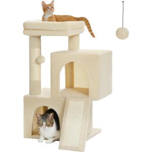 image:imagePAWZ Road Cat Tree 35 Inches Cat Tower with Dual Condos for Adult CatsEnlarged Top Perch Scratching PostsampPad for Indoor CatsGrayBeige
