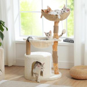 image:imagePAWZ Road Modern Cat Tree with Natural Solid Wood Scratching Post 40 Inches Cat Tower with Large Wicker BasketSpacious HammockLuxury Condo for Indoor CatsBrownWhite