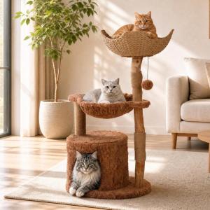 image:imagePAWZ Road Modern Cat Tree with Natural Solid Wood Scratching Post 40 Inches Cat Tower with Large Wicker BasketSpacious HammockLuxury Condo for Indoor CatsBrownBrown