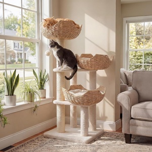 image:image437 Inch Modern Cat Tree for Indoor Cats 3 Handwoven Rattan Baskets with Thick Cushions MultiLevel Cat Tower with Sisal Scratching Posts amp Hanging Toys for Large CatsBrownWhite