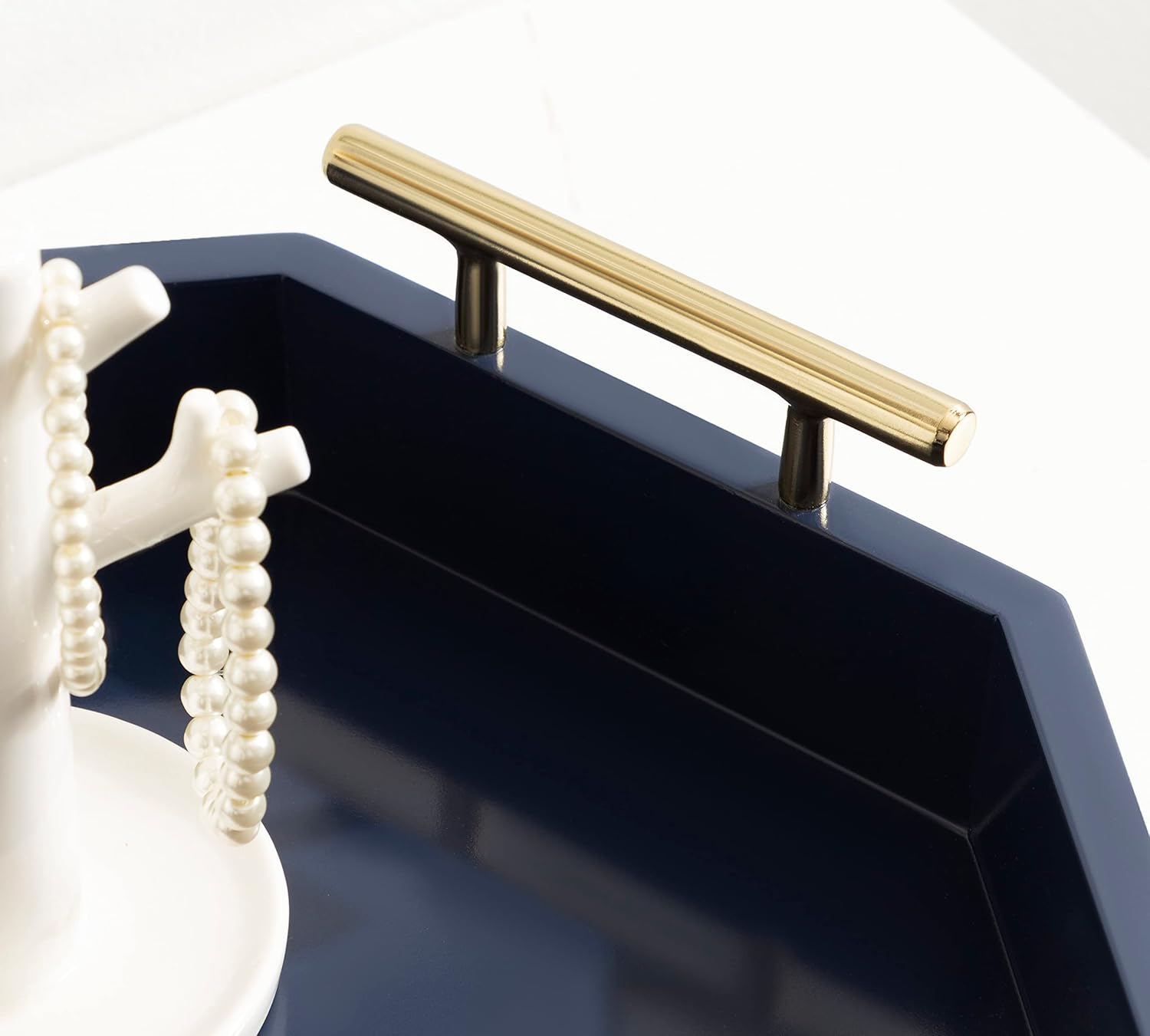 Kate And Laurel Lipton Oblong Octagon Decorative Tray 14 X 18 Navy and Gold Display Tray with Polished Metal Handles