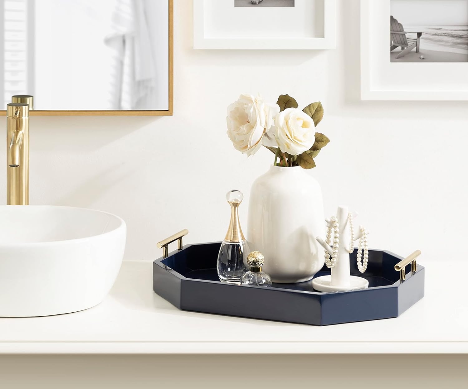 Kate And Laurel Lipton Oblong Octagon Decorative Tray 14 X 18 Navy and Gold Display Tray with Polished Metal Handles