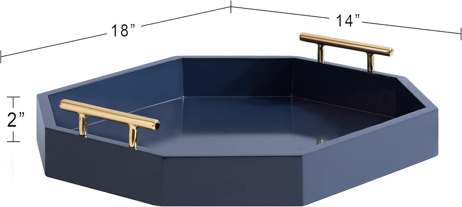 Kate And Laurel Lipton Oblong Octagon Decorative Tray 14 X 18 Navy and Gold Display Tray with Polished Metal Handles