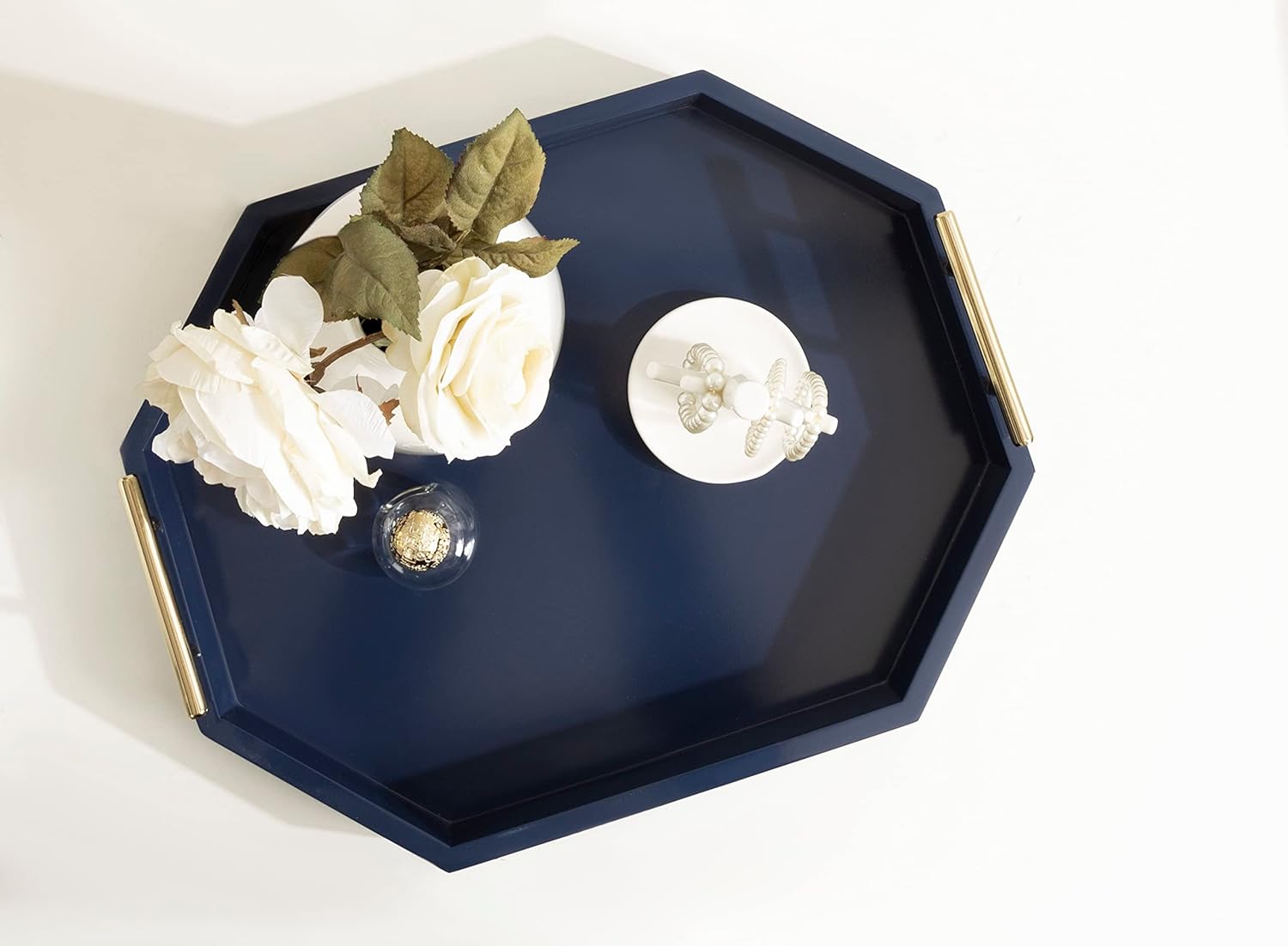 Kate And Laurel Lipton Oblong Octagon Decorative Tray 14 X 18 Navy and Gold Display Tray with Polished Metal Handles