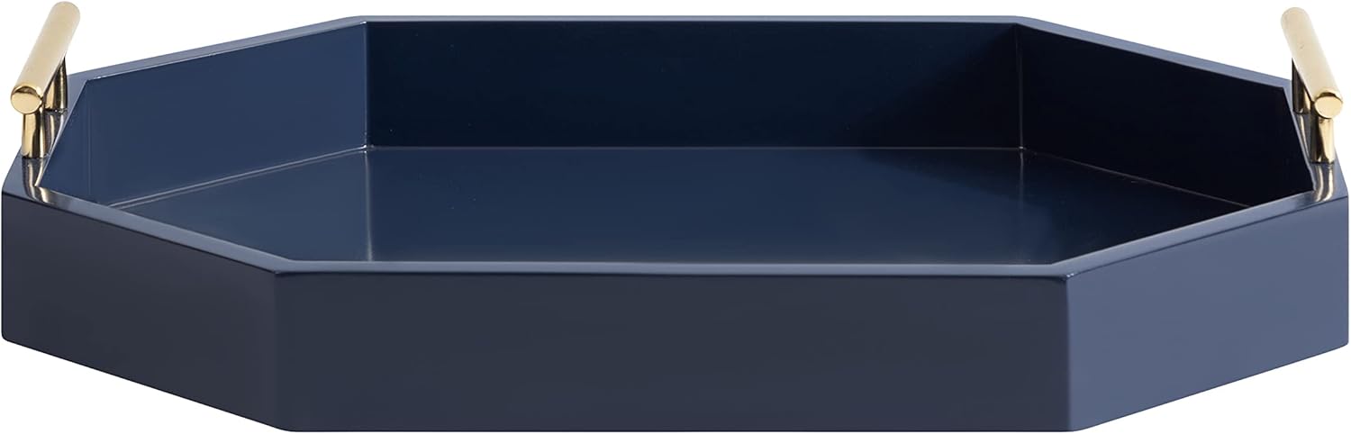 Kate And Laurel Lipton Oblong Octagon Decorative Tray 14 X 18 Navy and Gold Display Tray with Polished Metal Handles