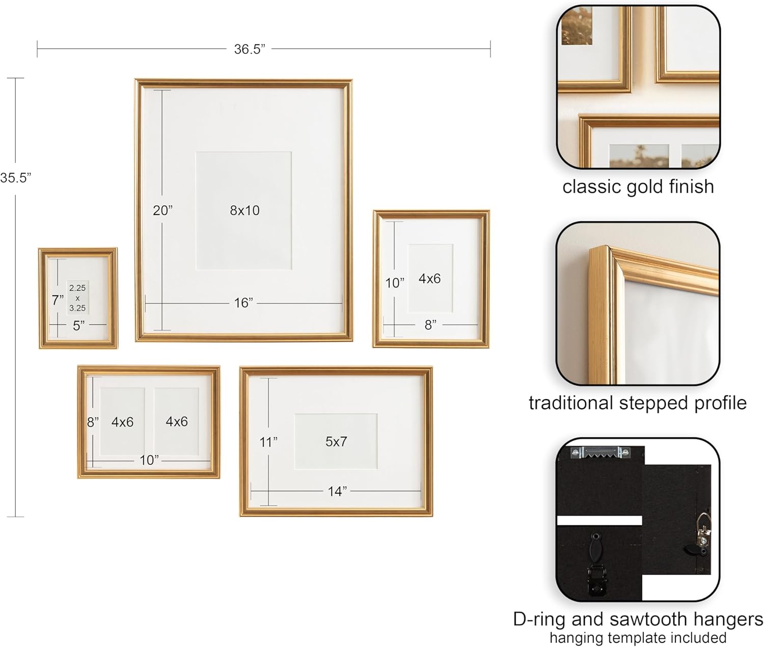 Kate and Laurel Adlynn Traditional Picture Frame Set Set of 5 Varying Sizes Gold Vintage Wall Frame Set Collection with Hanging Template for Gallery Wall Picture Frame Display