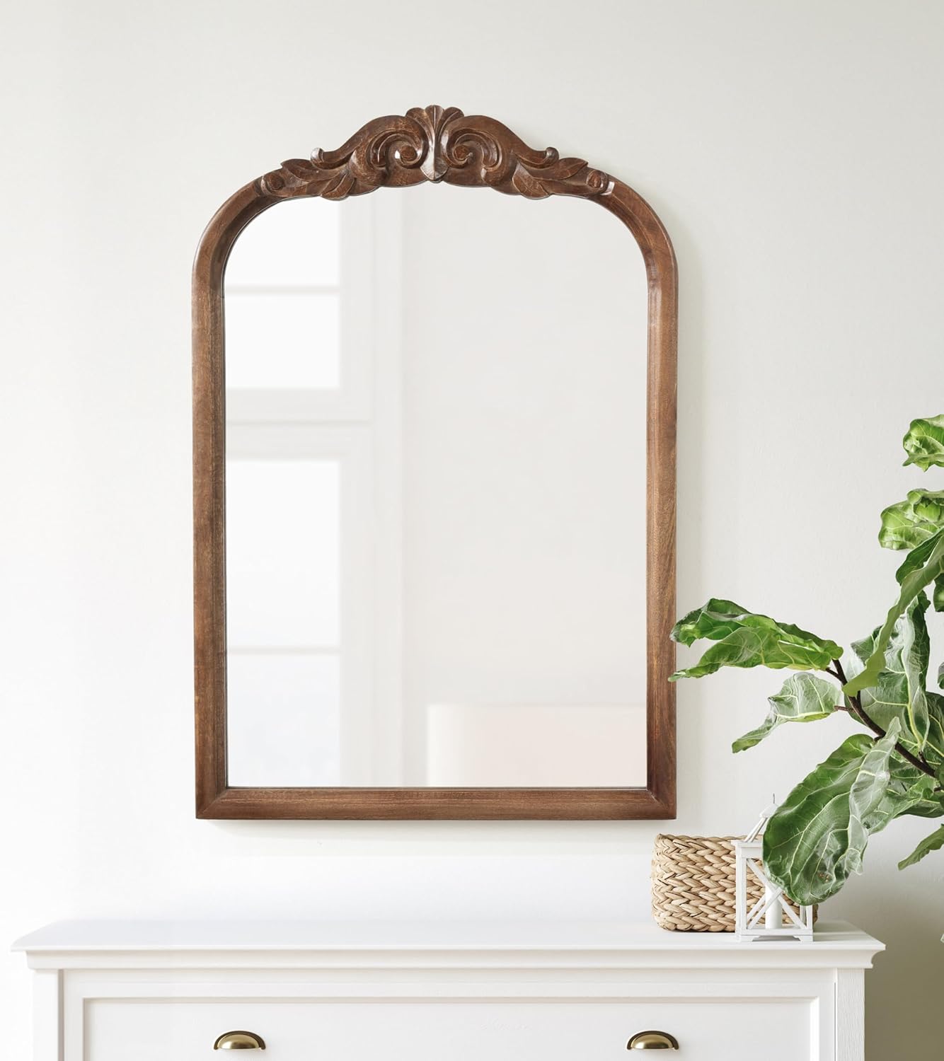 Kate and Laurel Arendahl Traditional Arch Wall Mirror 24 x 36 Natural Wood Vintage BaroqueInspired Wooden Arched Bathroom Mirror for Over Sink with Ornate Carved CrownWalnut Brown