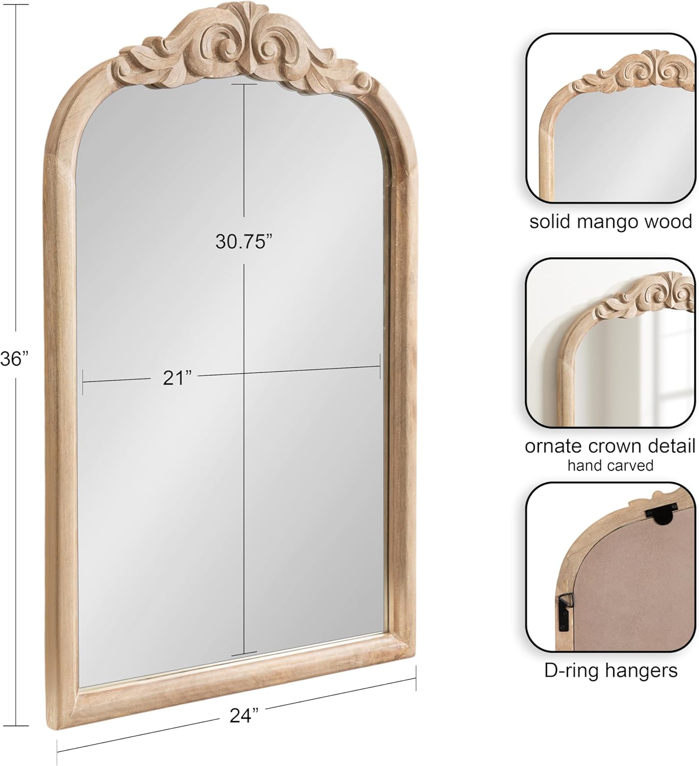 Kate and Laurel Arendahl Traditional Arch Wall Mirror 24 x 36 Natural Wood Vintage BaroqueInspired Wooden Arched Bathroom Mirror for Over Sink with Ornate Carved CrownNatural