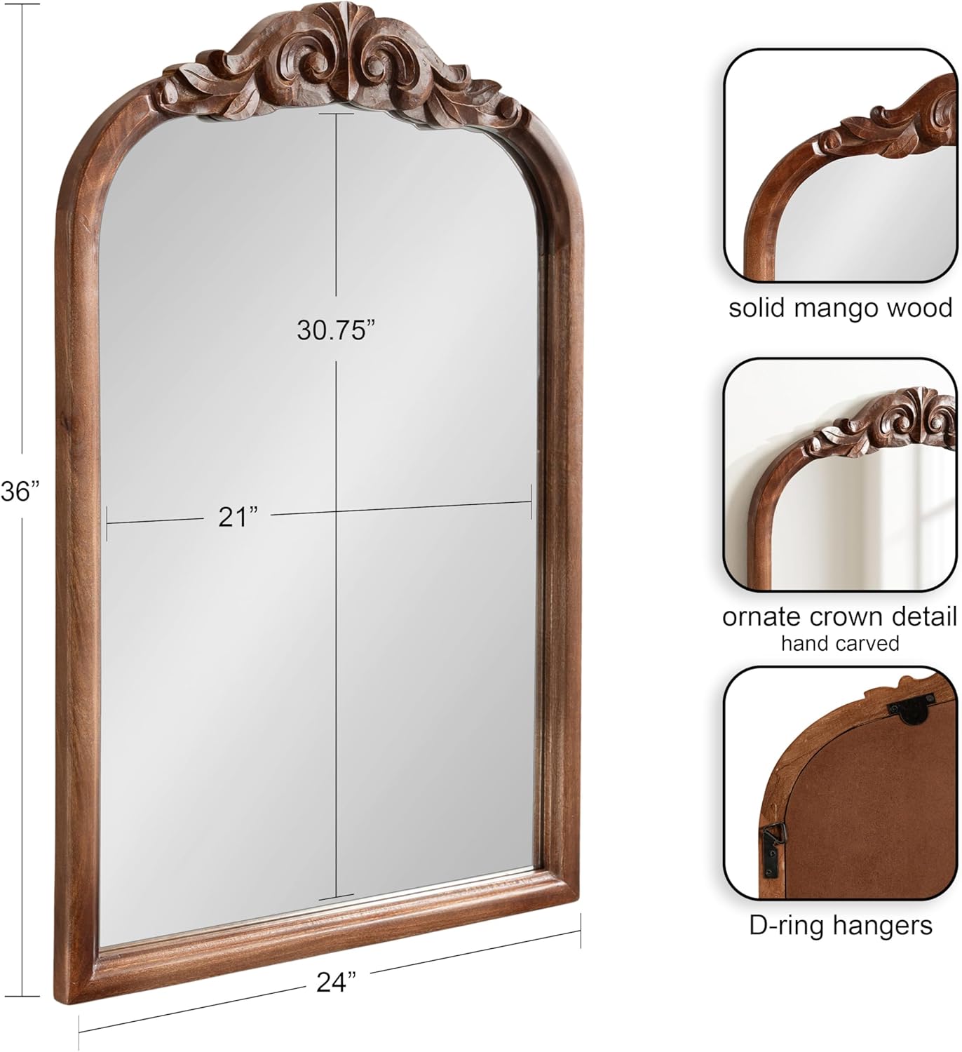 Kate and Laurel Arendahl Traditional Arch Wall Mirror 24 x 36 Natural Wood Vintage BaroqueInspired Wooden Arched Bathroom Mirror for Over Sink with Ornate Carved CrownWalnut Brown