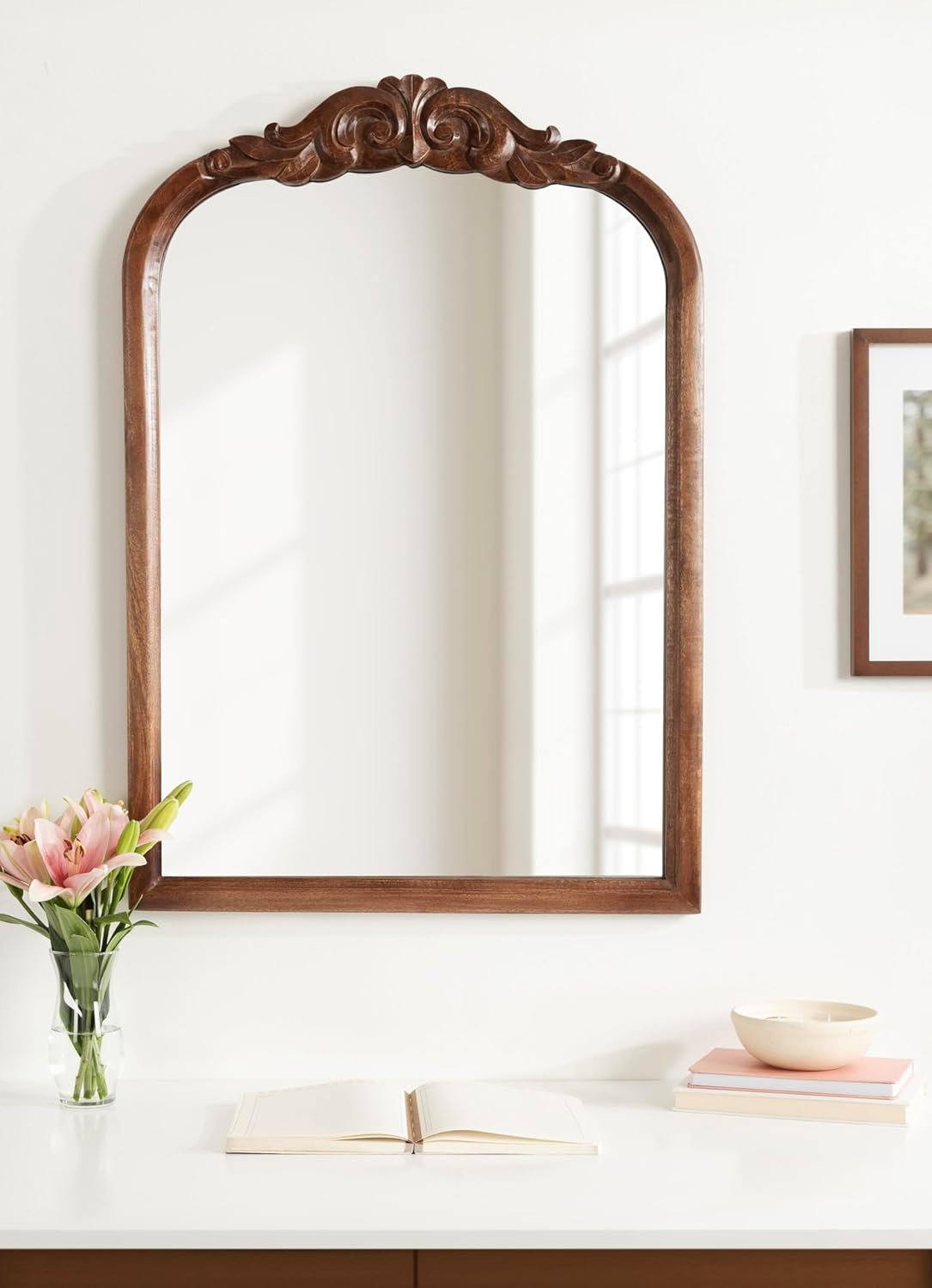 Kate and Laurel Arendahl Traditional Arch Wall Mirror 24 x 36 Natural Wood Vintage BaroqueInspired Wooden Arched Bathroom Mirror for Over Sink with Ornate Carved CrownWalnut Brown