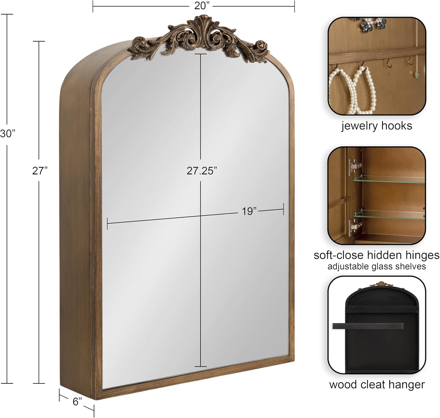 Kate and Laurel Arendahl Vintage Mirrored Arch Cabinet for Use as Bathroom Storage or Bedroom Jewelry Station 20x6x30 Gold
