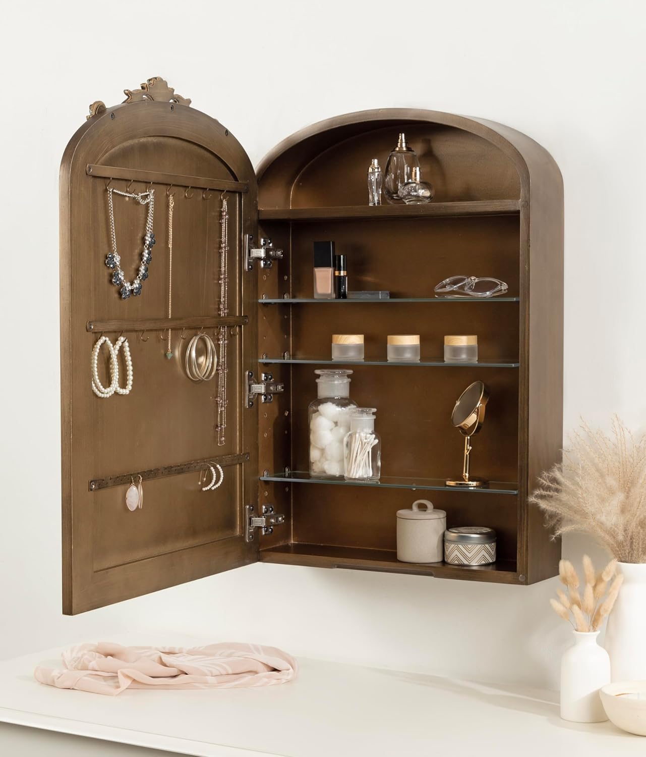 Kate and Laurel Arendahl Vintage Mirrored Arch Cabinet for Use as Bathroom Storage or Bedroom Jewelry Station 20x6x30 Gold