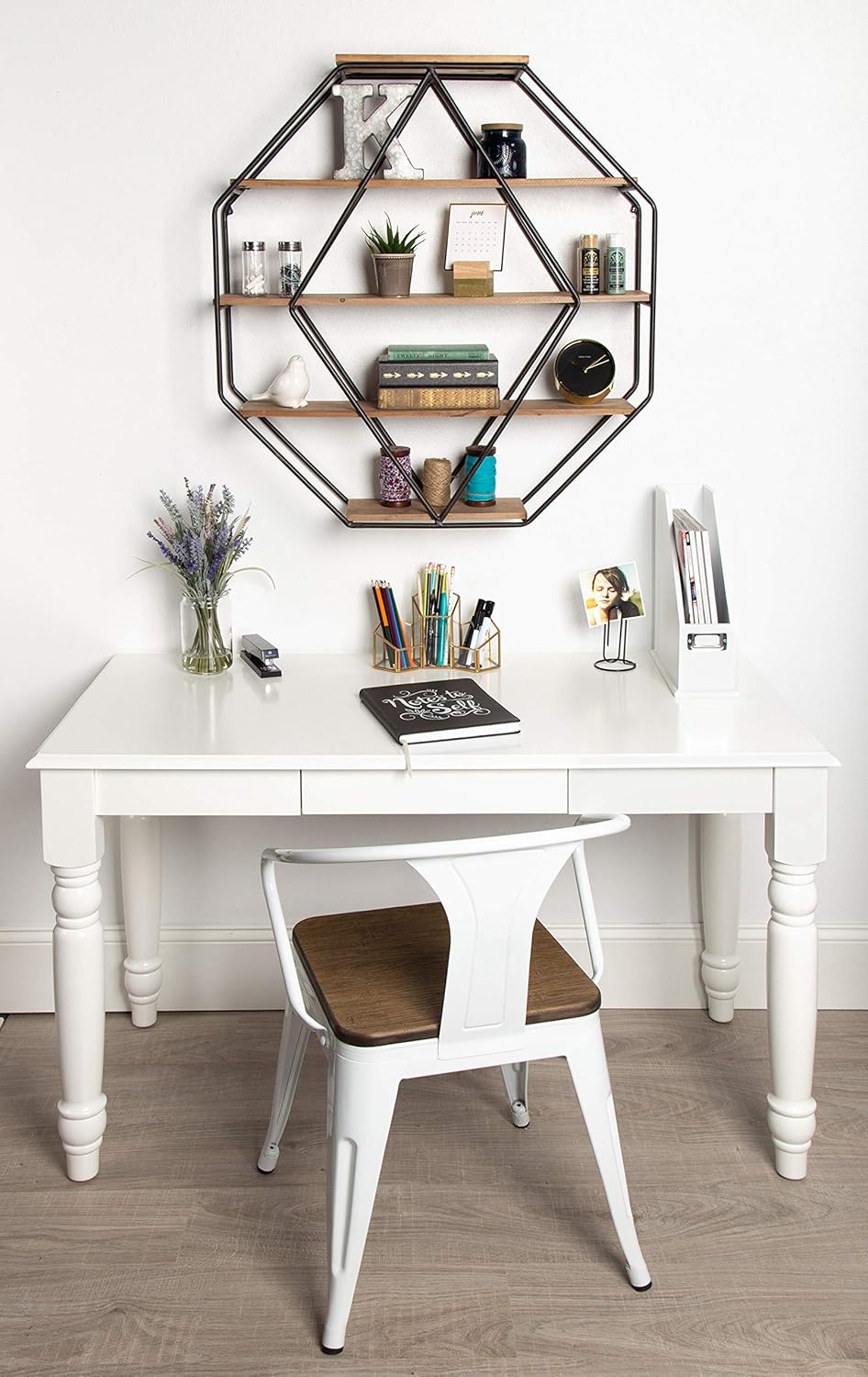 Kate and Laurel Lintz Large Octagon Shaped Floating Wood Book Shelves for Decorative Wall Display Black Metal Frame with Rustic Brown ShelvesRustic Brown