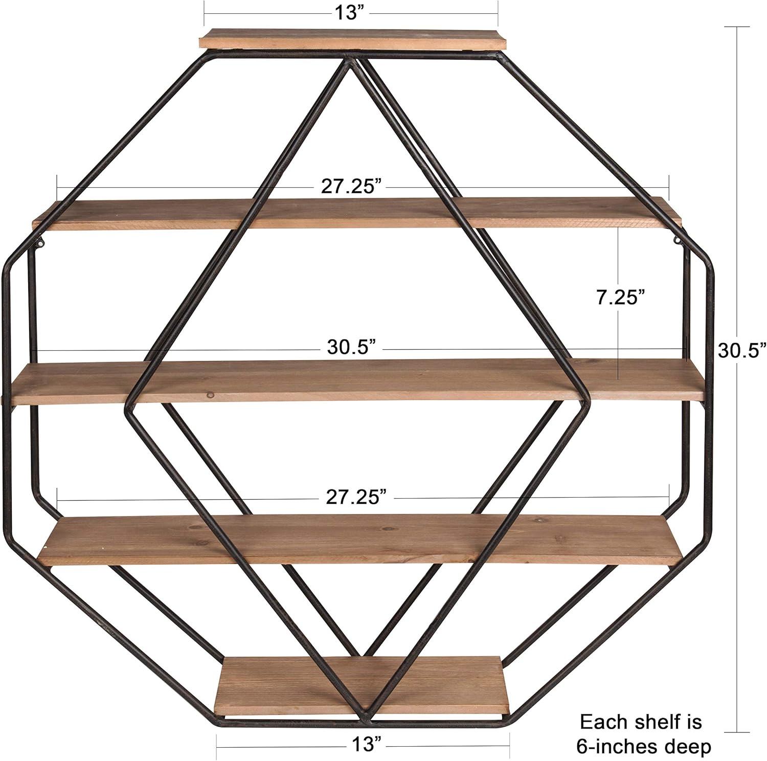 Kate and Laurel Lintz Large Octagon Shaped Floating Wood Book Shelves for Decorative Wall Display Black Metal Frame with Rustic Brown ShelvesRustic Brown