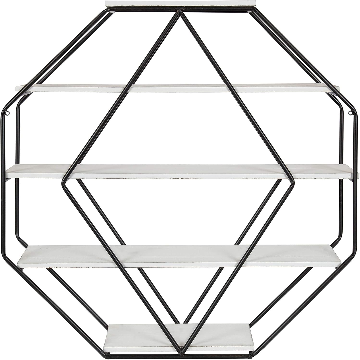 Kate and Laurel Lintz Large Octagon Shaped Floating Wood Book Shelves for Decorative Wall Display Black Metal Frame with Rustic Brown ShelvesWhite