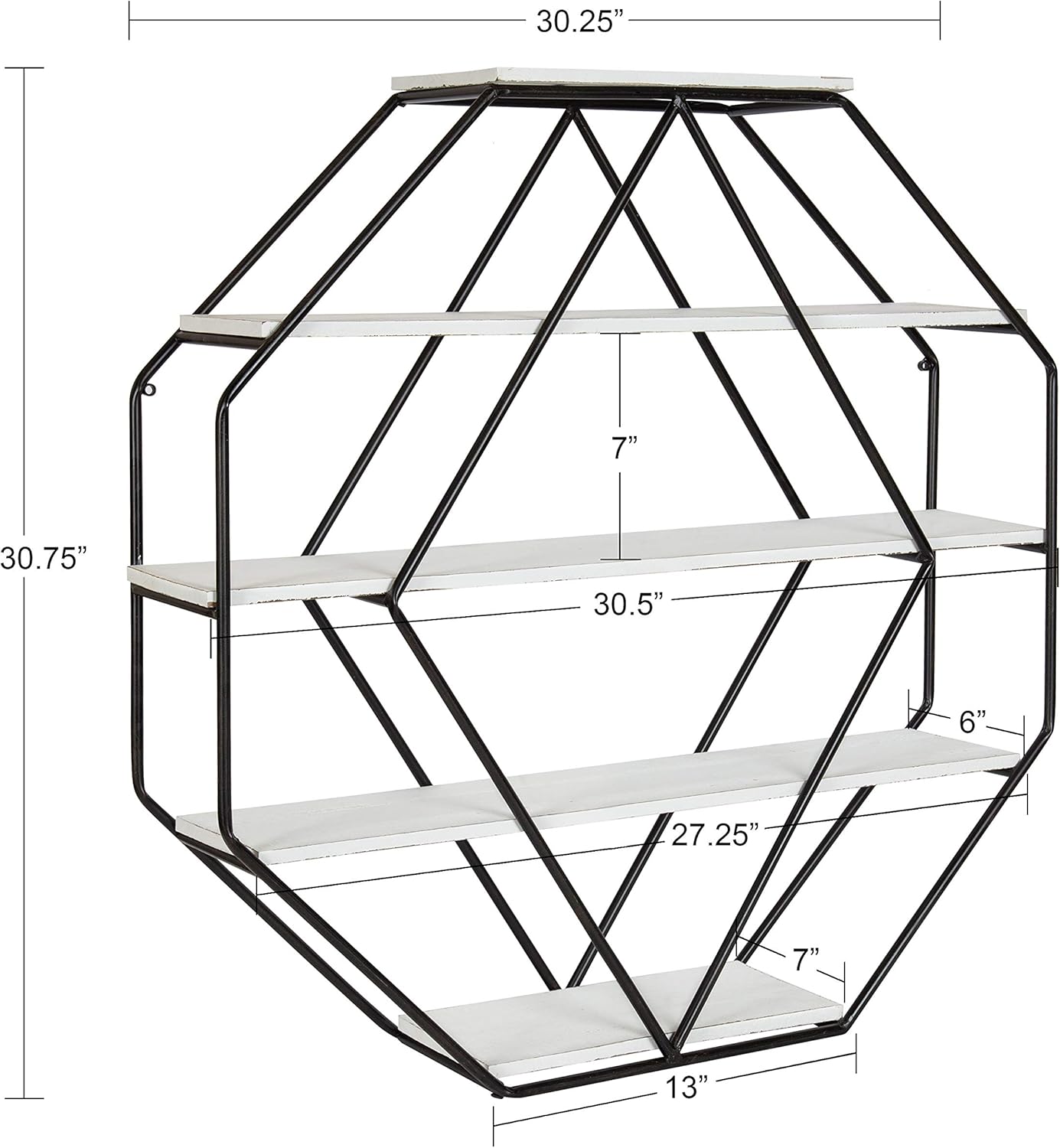 Kate and Laurel Lintz Large Octagon Shaped Floating Wood Book Shelves for Decorative Wall Display Black Metal Frame with Rustic Brown ShelvesWhite
