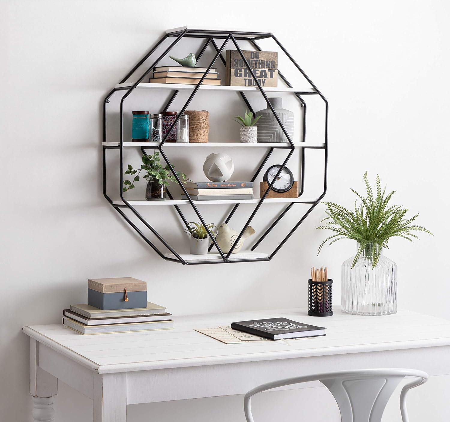 Kate and Laurel Lintz Large Octagon Shaped Floating Wood Book Shelves for Decorative Wall Display Black Metal Frame with Rustic Brown ShelvesWhite