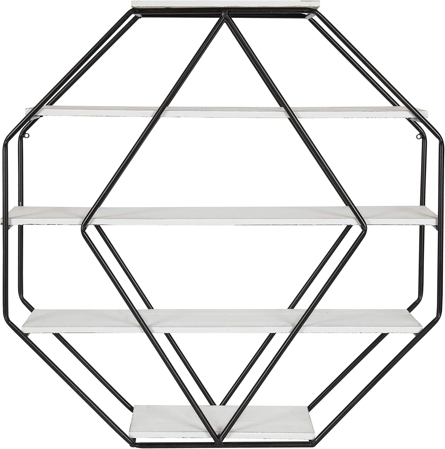 Kate and Laurel Lintz Large Octagon Shaped Floating Wood Book Shelves for Decorative Wall Display Black Metal Frame with Rustic Brown ShelvesWhite