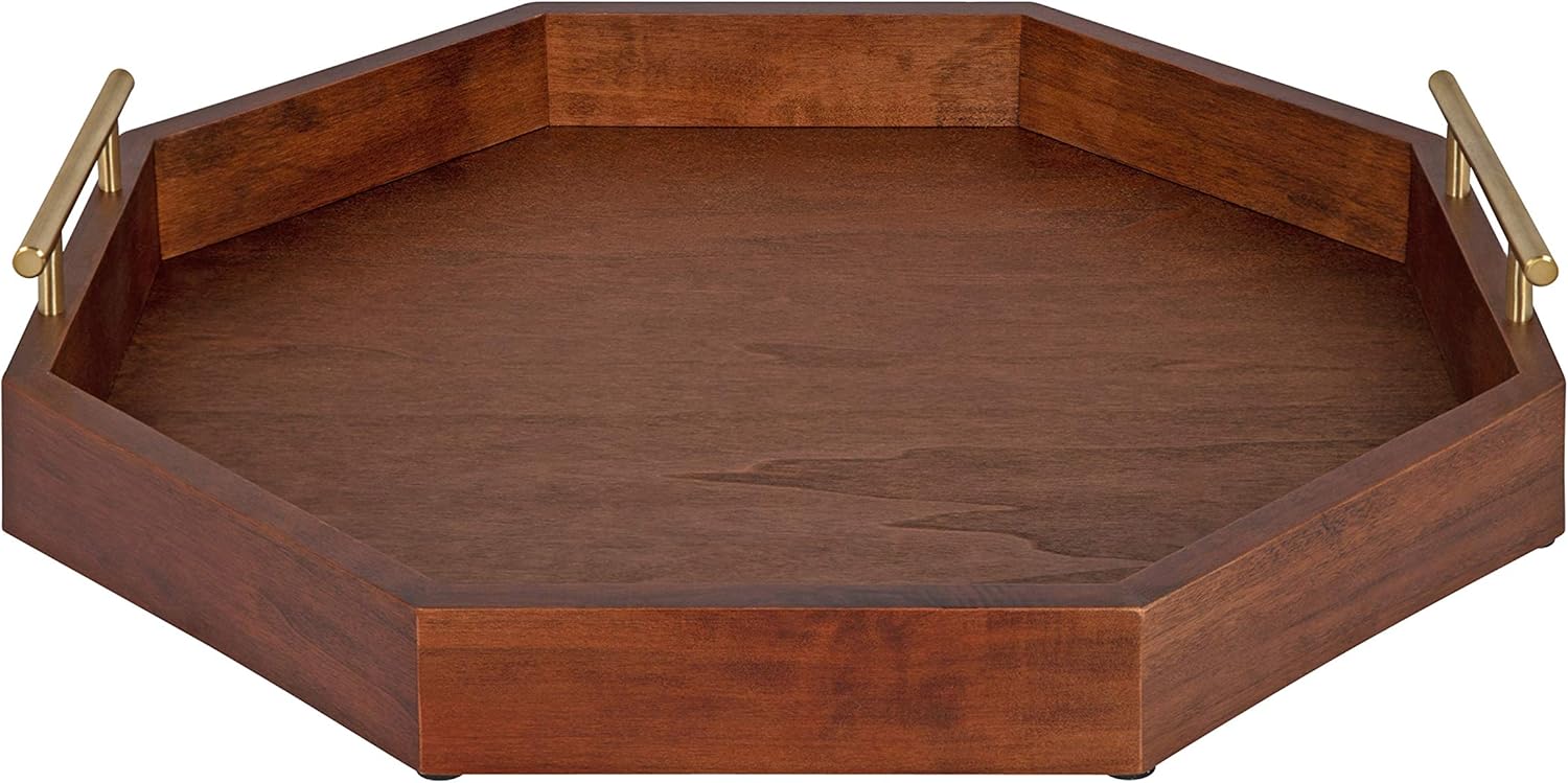 Kate and Laurel Lipton MidCentury Octagon Decorative Tray 18quot x 18quot Gray and Gold Decorative Chic Serving TrayWalnut Brown