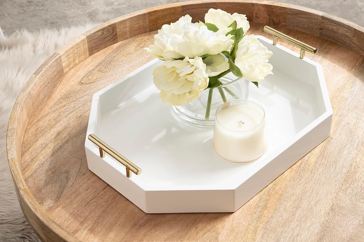 Kate and Laurel Lipton Oblong Octagon Decorative Tray 14 x 18 White and Gold Display Tray with Polished Metal Handles