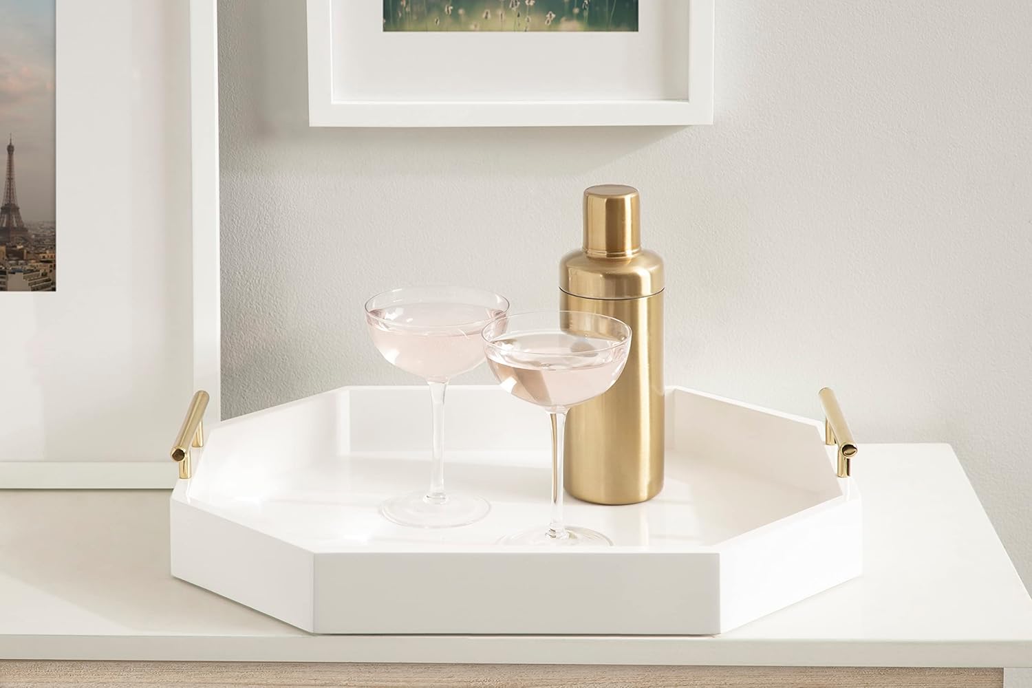 Kate and Laurel Lipton Oblong Octagon Decorative Tray 14 x 18 White and Gold Display Tray with Polished Metal Handles