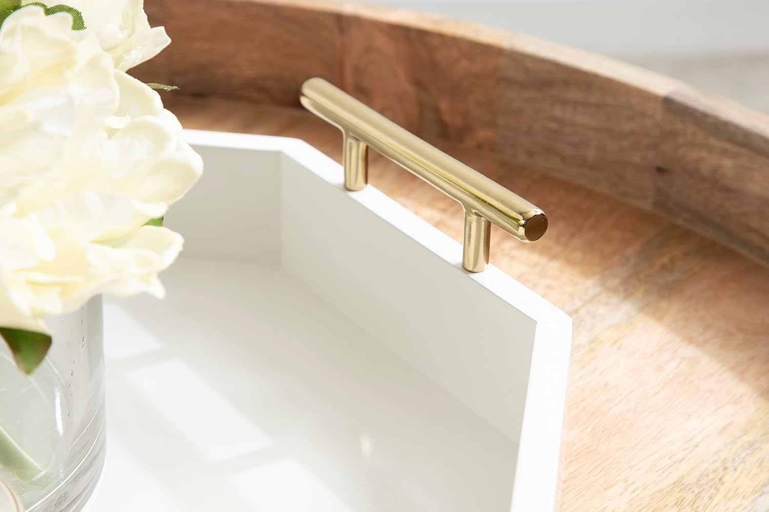 Kate and Laurel Lipton Oblong Octagon Decorative Tray 14 x 18 White and Gold Display Tray with Polished Metal Handles