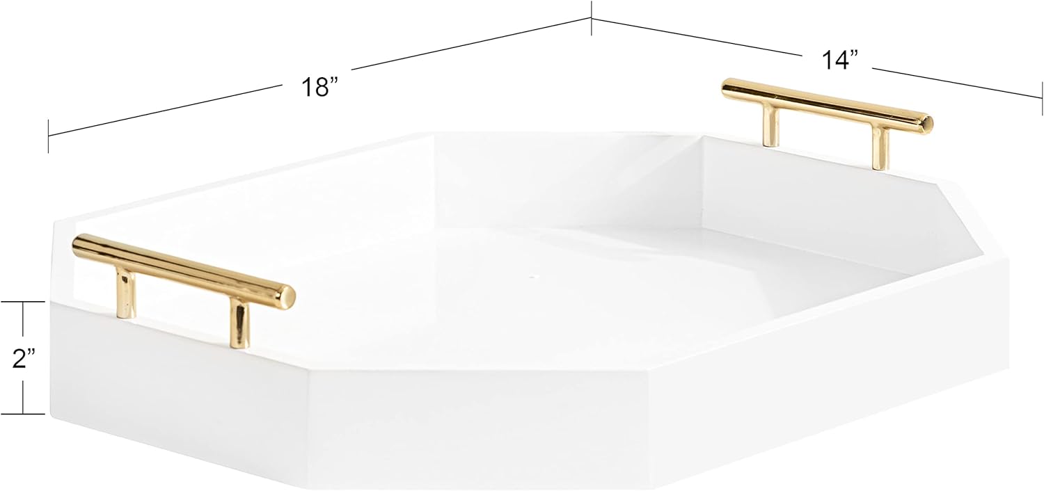 Kate and Laurel Lipton Oblong Octagon Decorative Tray 14 x 18 White and Gold Display Tray with Polished Metal Handles