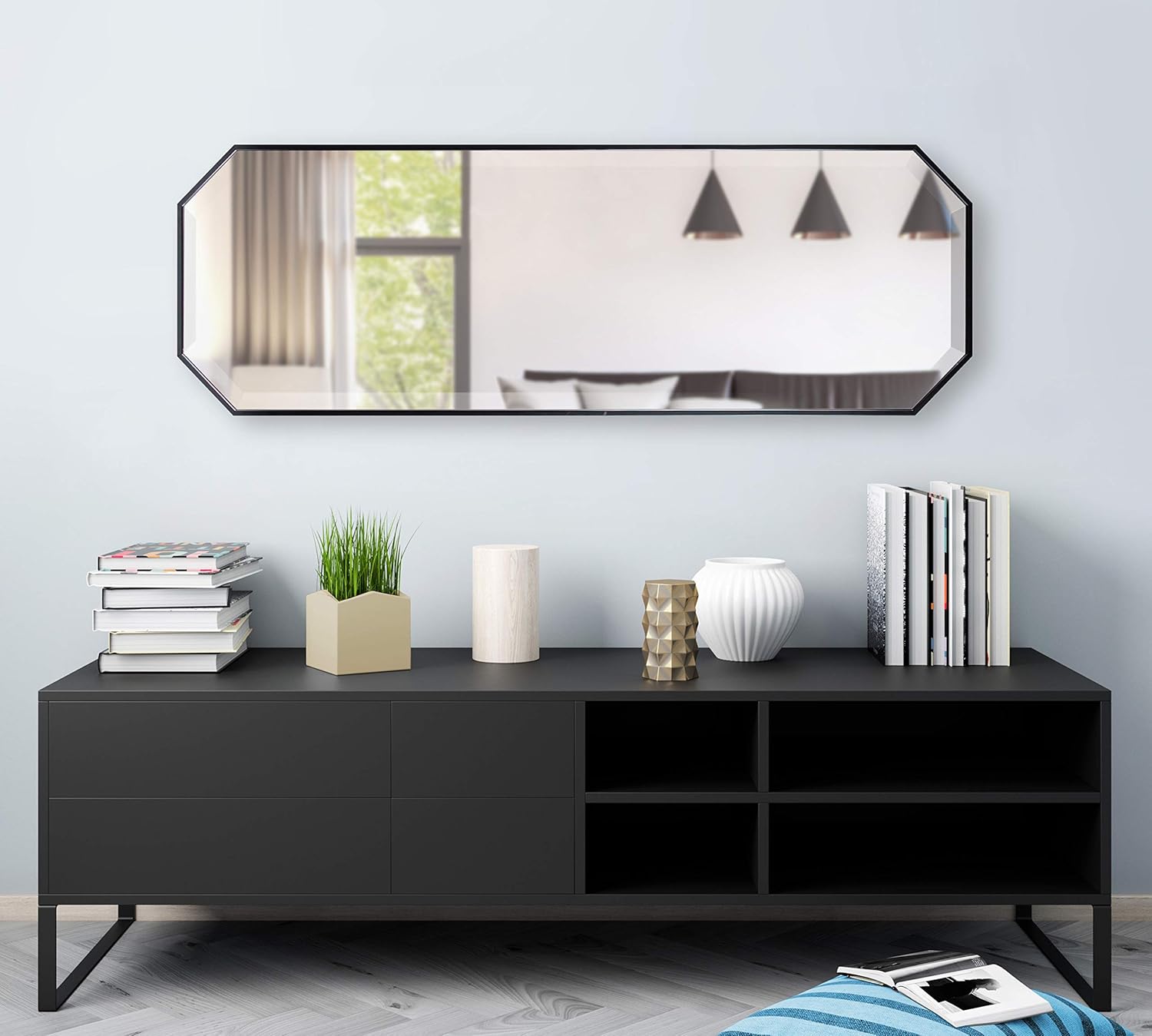 Kate and Laurel Rhodes Modern Full Length Octagon Wall Mirror 16 x 48 Black Decorative Glam Geometric Wall AccentBlack