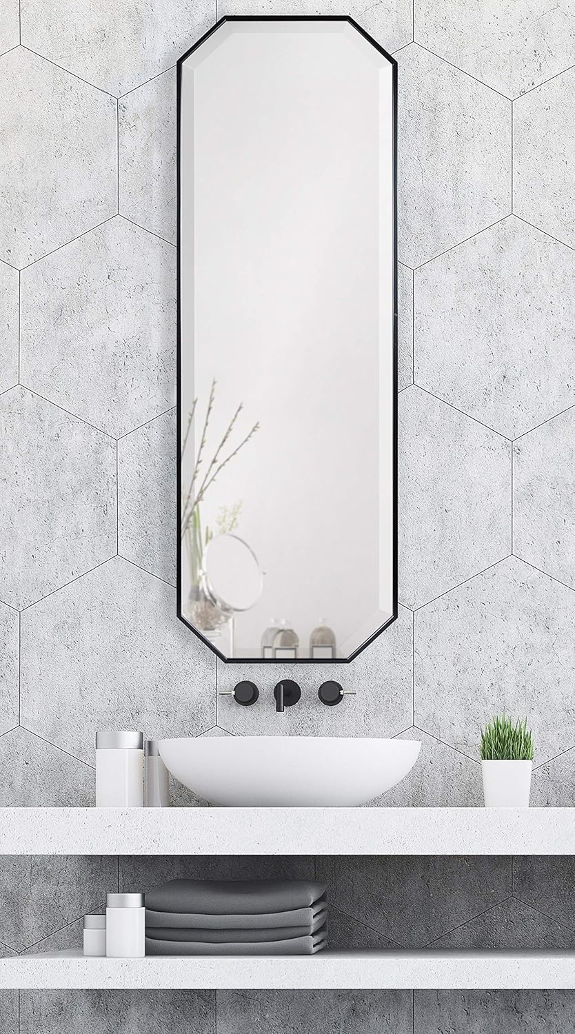 Kate and Laurel Rhodes Modern Full Length Octagon Wall Mirror 16 x 48 Black Decorative Glam Geometric Wall AccentBlack